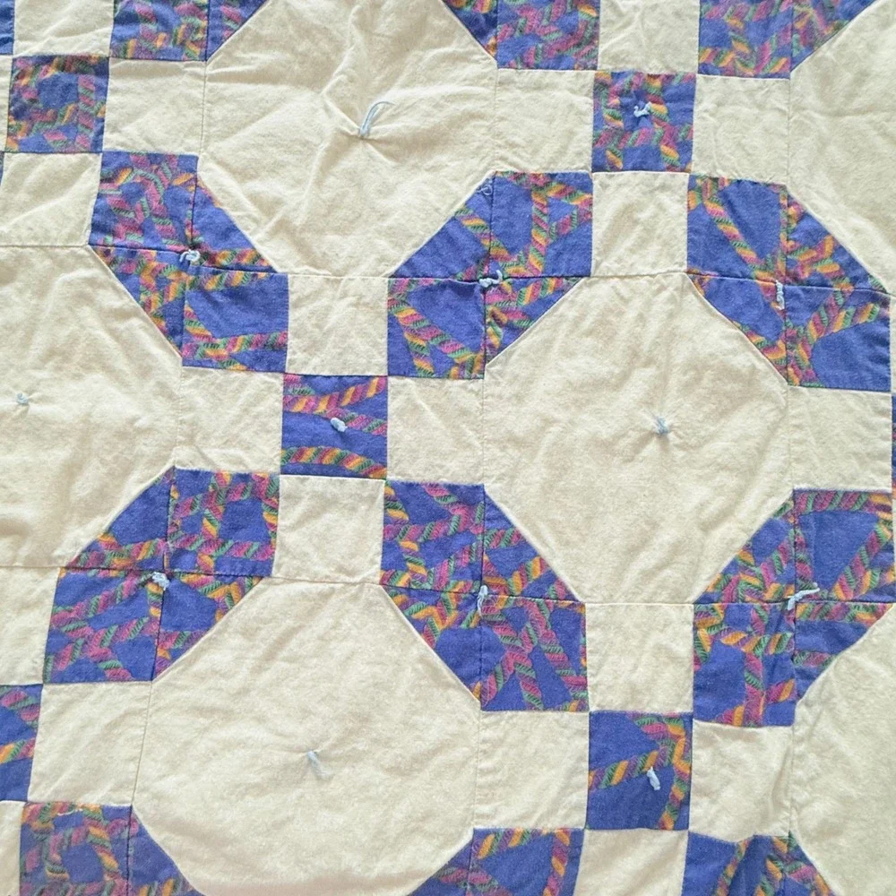 VTG Handmade Patchwork Quilt Throw Twin Purple Cream Tied Cottagecore 1990